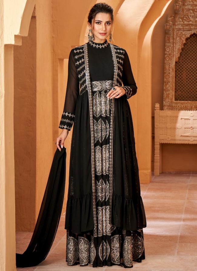 Real Georgette Charcoal Black Wedding Wear Sequins Work Anarkali With Shrug And Dupatta